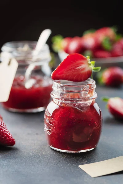 Sweet Homemade Strawberry Jam Rustic Black Background — Stock Photo, Image
