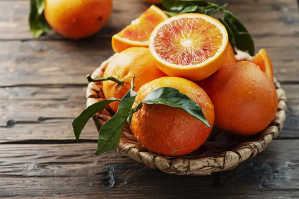 Sweet Red Oranges Sicily Basket Rustic Style Selective Focus — Stock Photo, Image