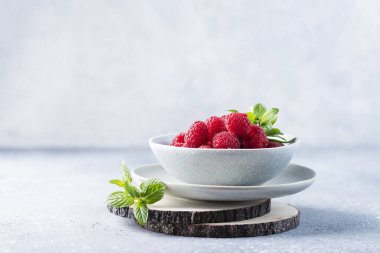 Taze ahududu ile vejetaryen yemeği kavramı, minimum stil ve seçici odaklanma