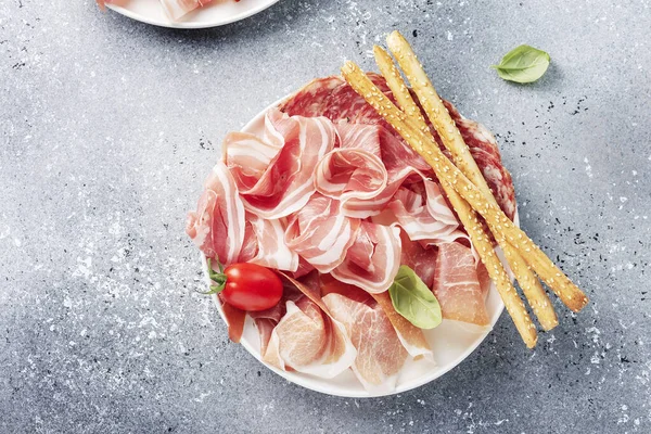 Traditional Italian Antipasto Ham Salami Bread Sticks Selective Focus Image — Stock Photo, Image
