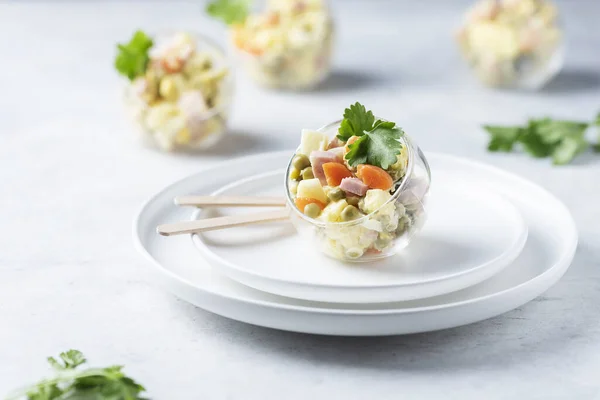 Traditional Russian Salad Olivier Vegetables Ham Mayonnaise Selective Focus Image — Stock Photo, Image