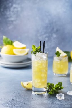 Limonlar, nane ve buzla taze yaz kokteyli, seçici odak noktası.