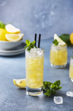 Limonlar, nane ve buzla taze yaz kokteyli, seçici odak noktası.