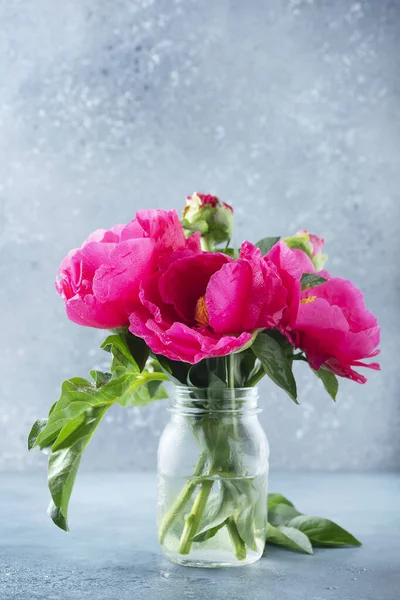 Peony Madame Butterfly in fuchsia color on the blue baskground, selective focus image