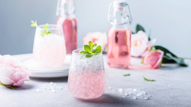 Ezilmiş buzlu pembe kokteyl ve açık arkaplanda nane, seçici odak görüntüsü ve kaydırma biçimi