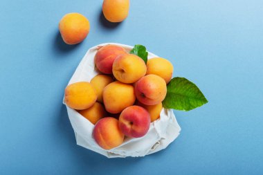 Biyolojik sağlıklı gıda ve sıfır atık kavramı. Mavi arka planda pamuk bir alışveriş torbasında taze biyolojik kayısılar. Fotokopi alanı olan en üst görüntü