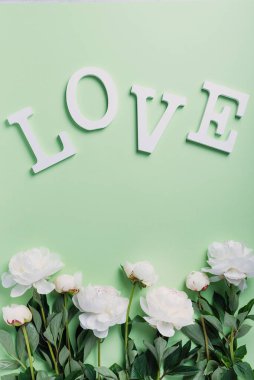 Yeşil arka planda beyaz zarif şakayık ve ahşap harfler. Tebrik kartı kavramı, aşk kavramı, üst görünüm 