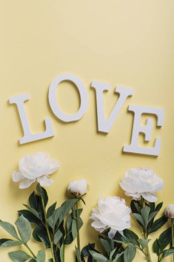 Sarı arka planda beyaz zarif şakayık ve ahşap harfler. Tebrik kartı kavramı, aşk kavramı, üst görünüm