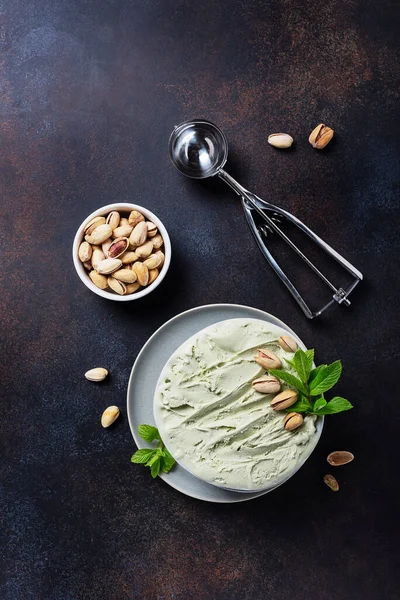 Homemade Ice Cream Pistachio Mint Ceramic Bowl Top View Image — Stock Photo, Image