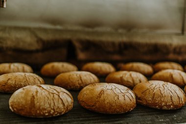 Fırından taze çörek. Konveyör ile ekmek. Ekmek pişirme. Atölye ekmek yapımı için. Beyaz ekmek fırında. Sıcak buns. Şekerlemeler.