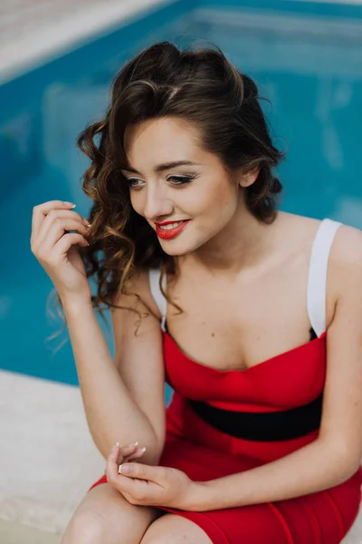 Happy Beautiful Woman Red Dress Beach — Stock Photo, Image