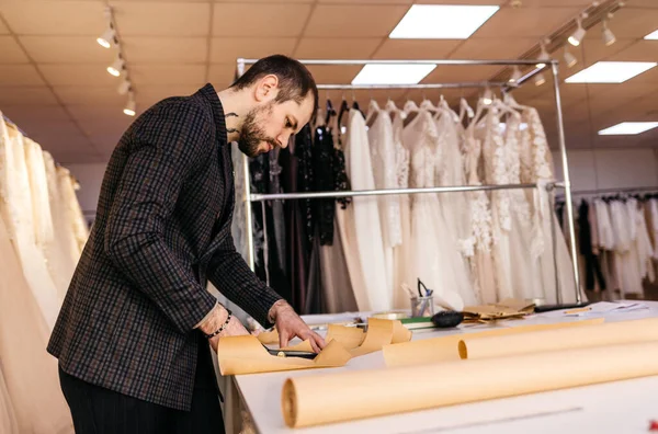 Handsaxtyg Skär Tyg Närbild Skräddarsydd Jobbet — Stockfoto