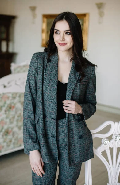 Young Beautiful Fashion Model Woman Gray Strict Vintage Suit Sits — Stock Photo, Image