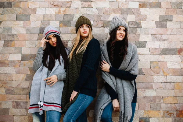 Jovem Elegante Três Meninas Divertir Parque Inverno — Fotografia de Stock