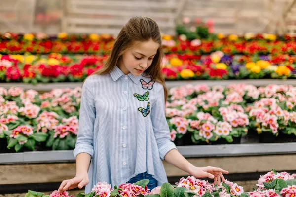 Little Girl Holding Pink Flowers Out Garden Center — Stock Photo, Image