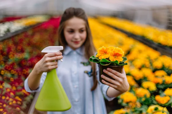 Little Girl Watering Flowers Garden — Stock Photo, Image