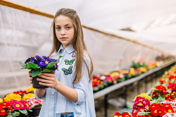 Little Girl Holding Pink Flowers Out Garden Center — Stock Photo, Image