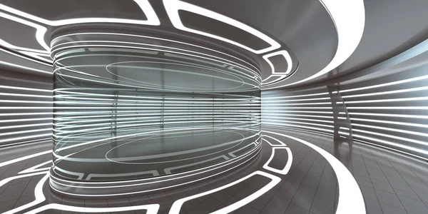 Futuristic interior with empty glass showcase