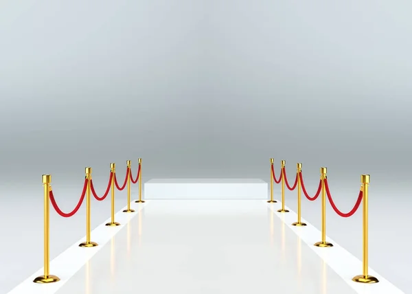 White carpet with barrier. White empty pedestal