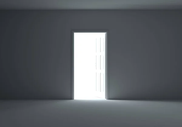 An open door with light streaming into dark room