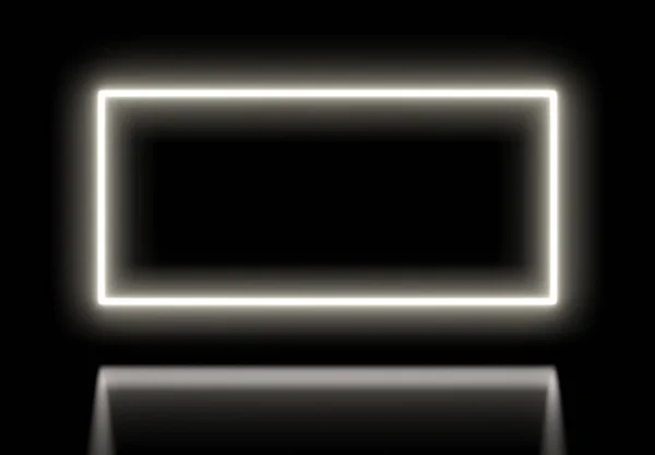 Neon white sign on a black background with a black mirror floor