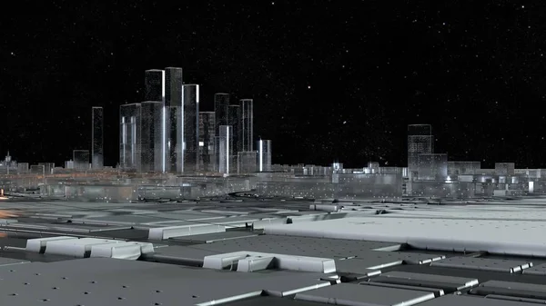 3D city of glass with luminous roads. Starry sky