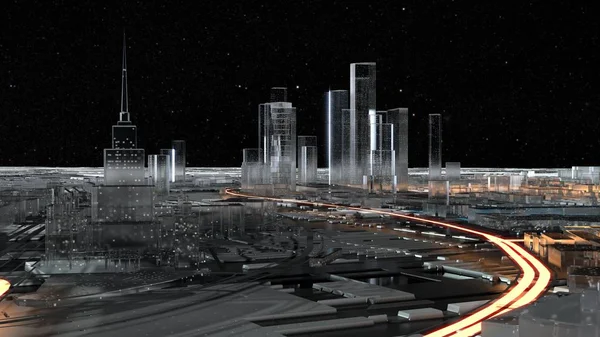 3D city of glass with luminous roads. Starry sky