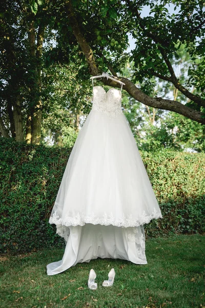 白いウェディングドレスが木にかかっている — ストック写真