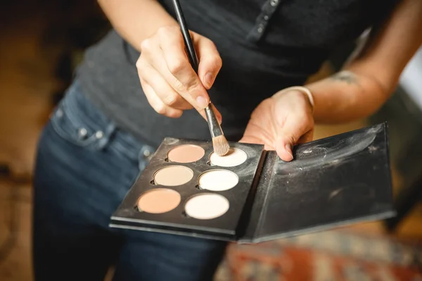 Female Makeup Artist Cosmetics Work Close Girl Holding Palette Eyeshadow — Stock Photo, Image