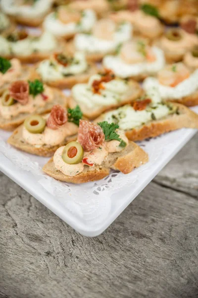 Buffet Open Sandwiches White Plate Stock Picture