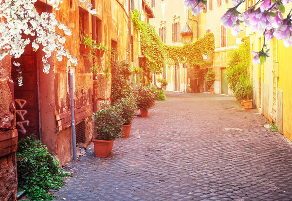View of old town italian street in Trastevere with sunshine at spring day, Rome, Italy