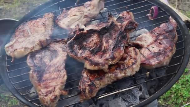 BBQ z mięsa steki — Wideo stockowe