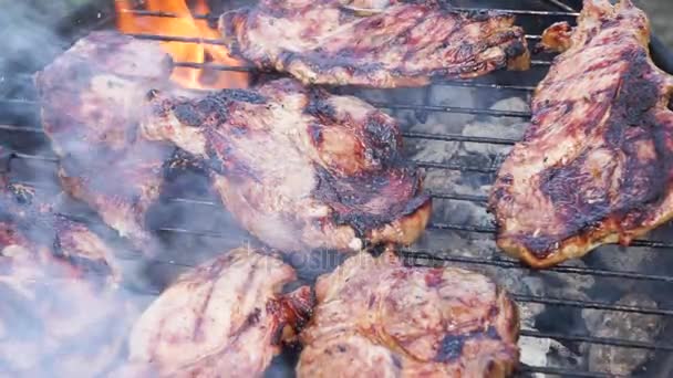 Barbacoa con filetes de carne — Vídeo de stock