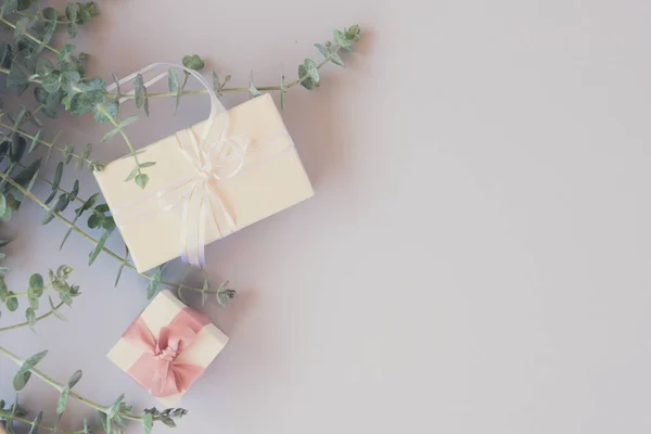 Gift boxes with green leaves — Stock Photo, Image