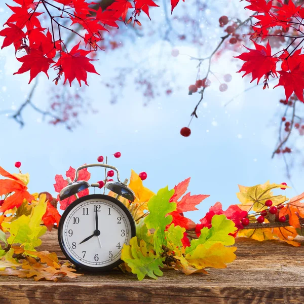 Осінній час - осіннє листя з годинником — стокове фото