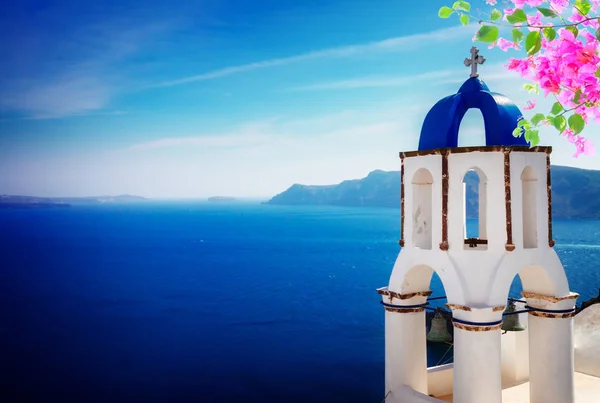 View of caldera with stairs and belfry, Santorini — Stock Photo, Image