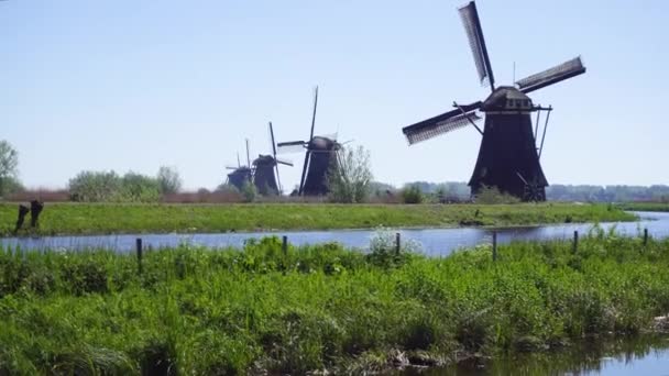 Dutch windmill over river waters — Stock Video