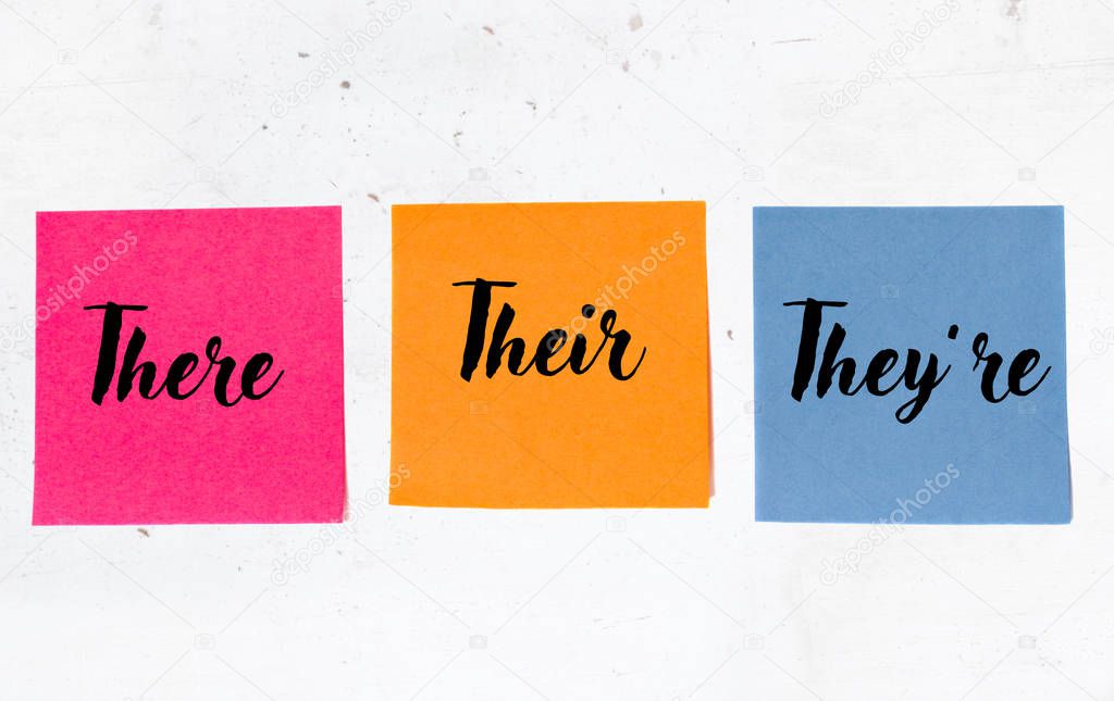 Grammar of there, their, theyre on three sticky notes