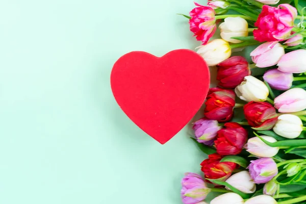 Tulipany świeże kwiaty z sercem — Zdjęcie stockowe
