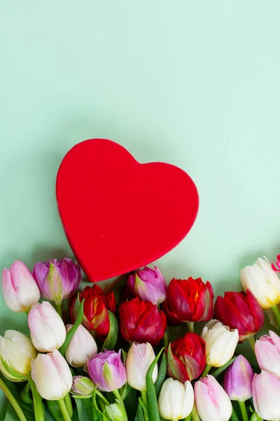 Fresh tulips flowers with heart — Stock Photo, Image