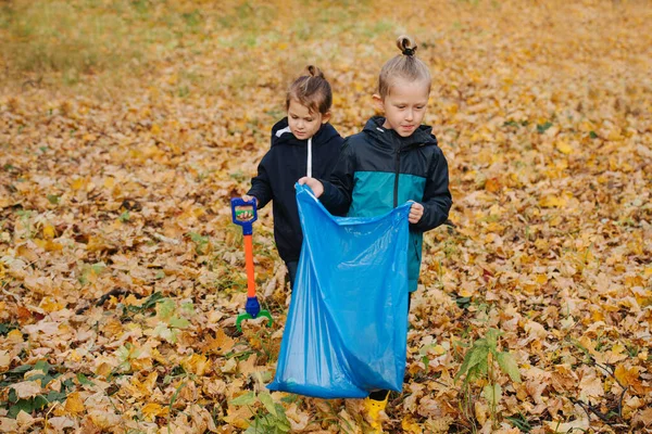 Hermano pequeño y hermana buscando una basura en un bosque estacional en otoño — Foto de Stock