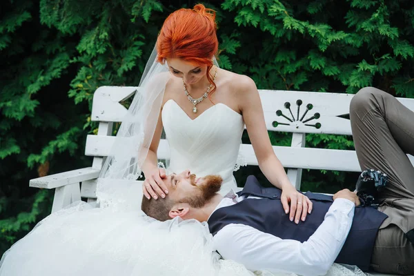 Una pareja recién casada en un banco juntos en medio de un bosque de enebro en un parque —  Fotos de Stock