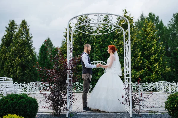 Recién casada pareja de pie bajo arcos de metal blanco en un parque, cogidos de la mano —  Fotos de Stock