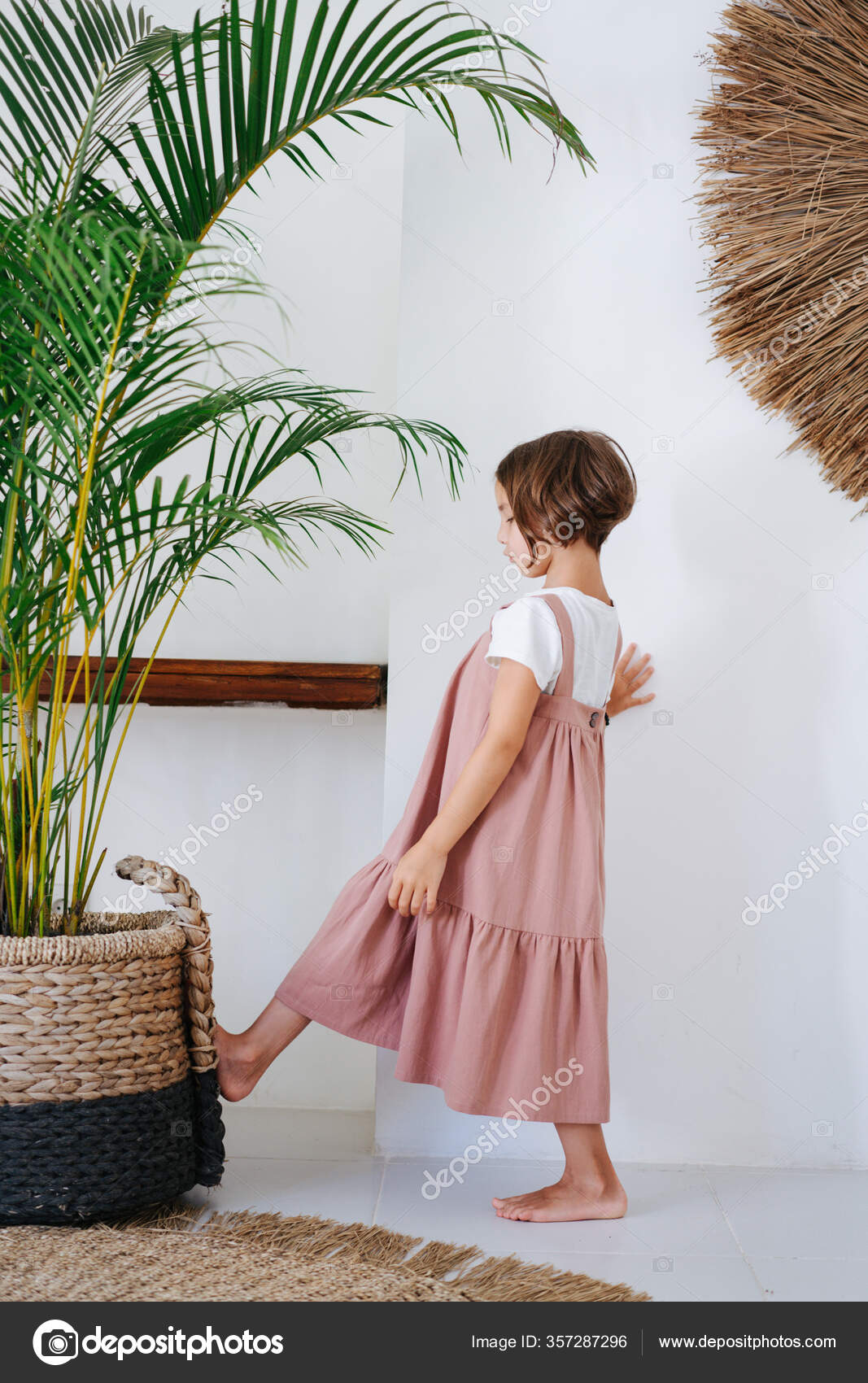 Cute Barefoot Little Girl Pink Midi Dress Worn White Tropical