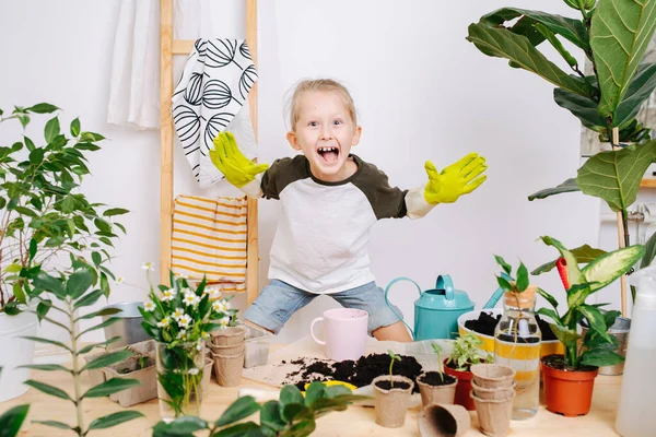 Little Boy Gardening Gloves Grimacing Fooling Yelling Making Scary Face — Stock Photo, Image