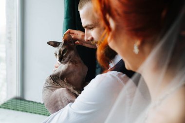 Pencerenin yanında dikilen yeni evli çift tüysüz sfenks kedisine sarılıyorlar. Hepsi mutlu ve evliliklerinden dolayı rahatlamış..