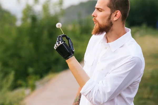 Bearded Middle Age Man Holding Dandelion His Bionic Prosthetic Hand — 스톡 사진