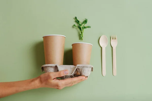 Milieuvriendelijke Producten Suikerriet Bekers Met Papieren Houders Kartonnen Doos Met — Stockfoto