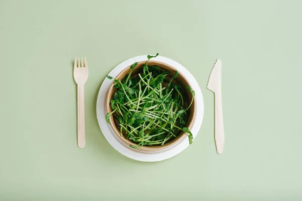 Eco Friendly Dinner Set Paper Bowl Full Pea Sprouts Bamboo — Stock Photo, Image