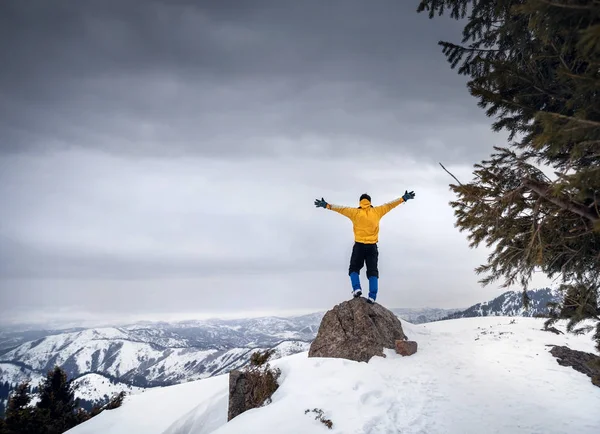 Turista na vrcholu hory sněhu — Stock fotografie